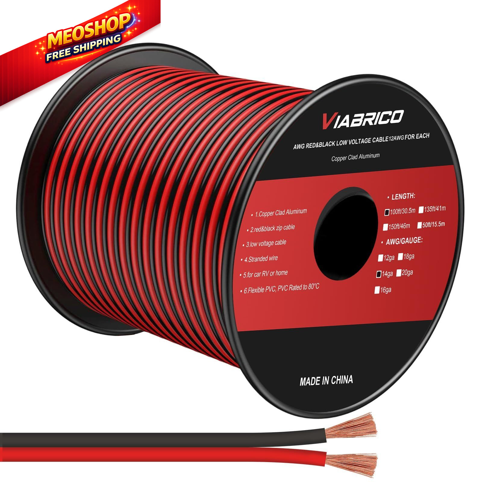 VIABRICO 14AWG 100FT Electrical Wire Cable 2 14AWG-100FT, Red&Black