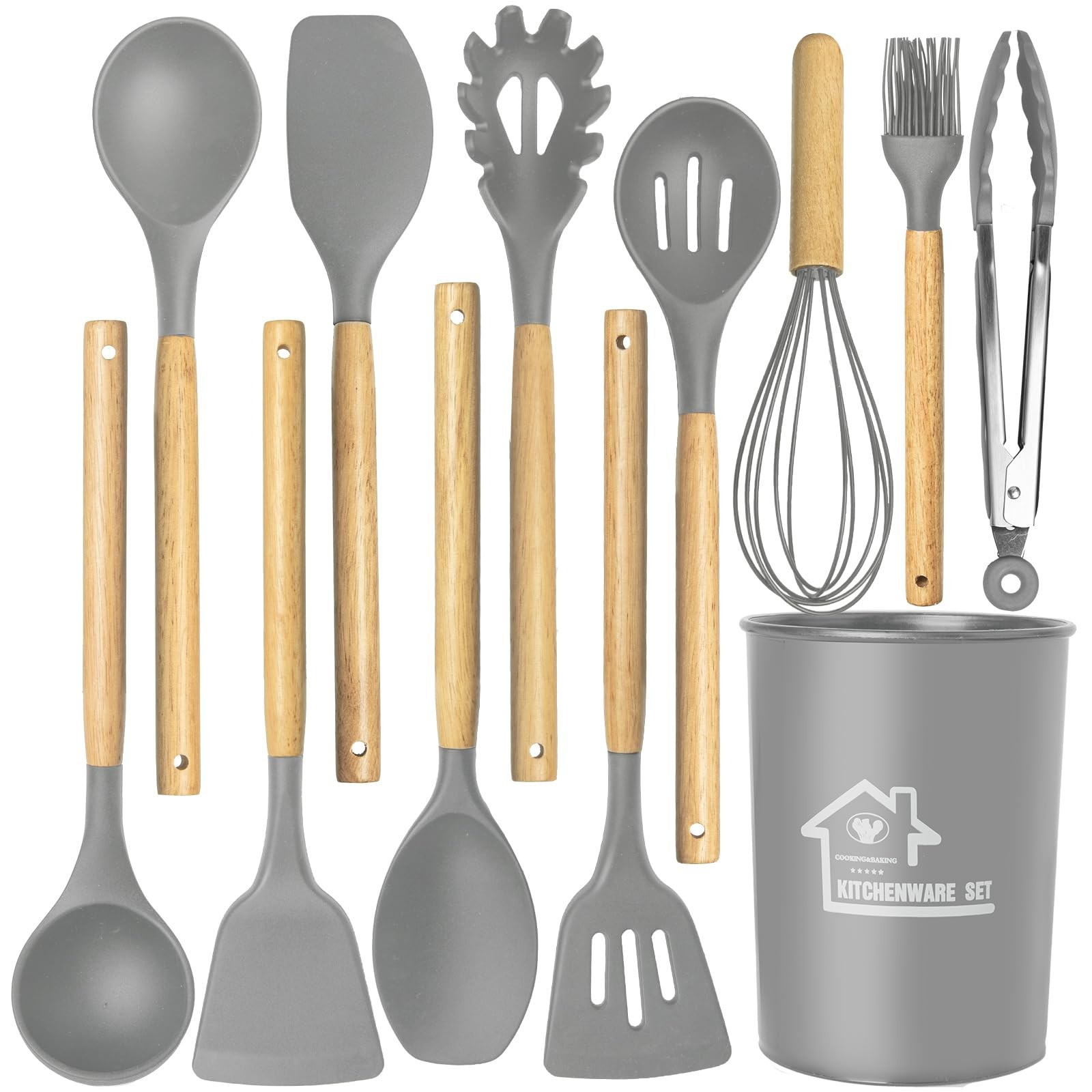 Kitchen Utensils Set for Cooking : 12 Pieces Silicone Wood Handle Kitchen Spa...