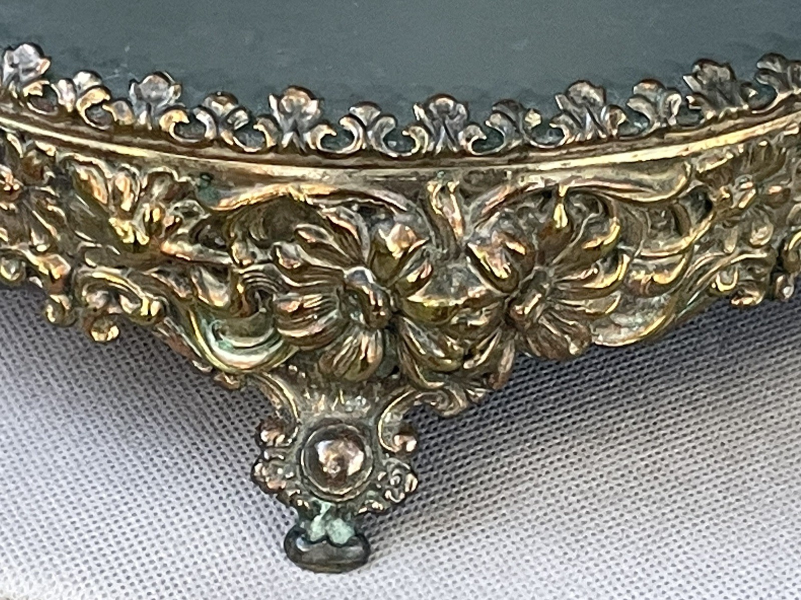 Antique Victorian Dresser Vanity Tray Mirror Brass Flowers Chunky Ornate Footed