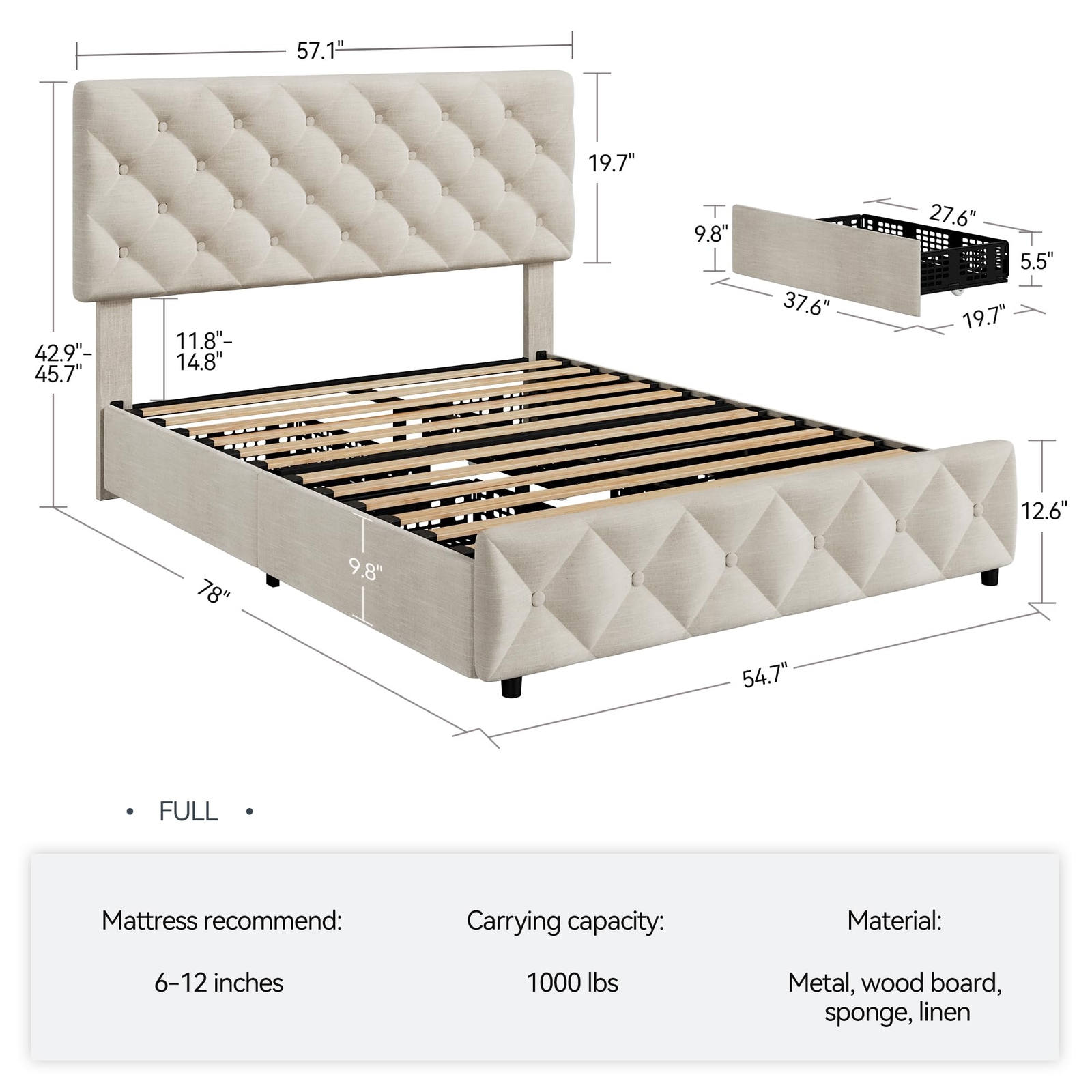 Full Size Upholstered Platform Bed Frame with 4 Drawers, Adjustable Headboard