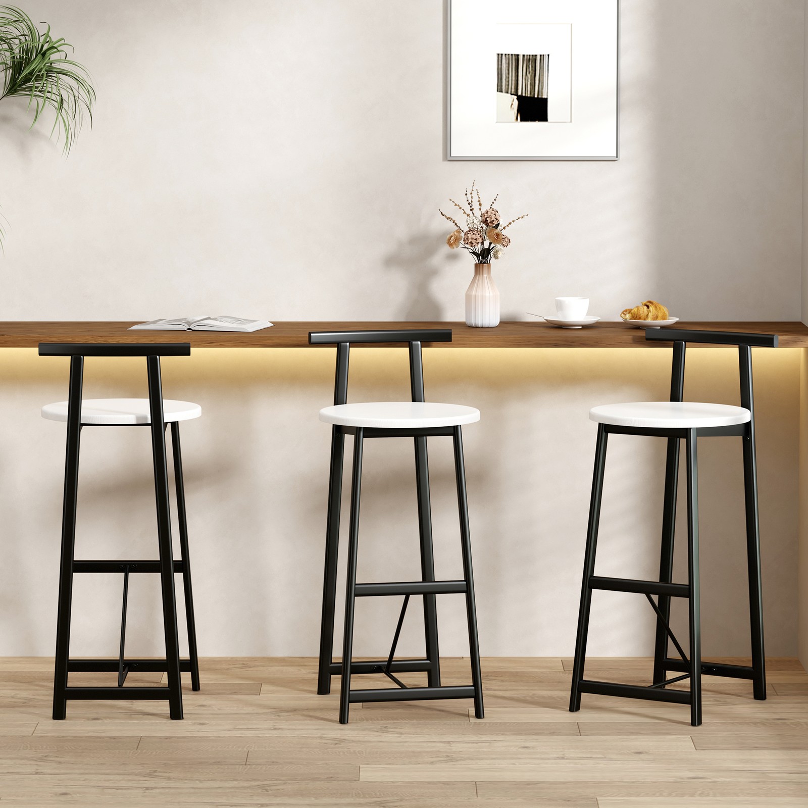 Wooden Bar Stools Set of 3,Counter Height Barstool Backrest Dining Chair Armless