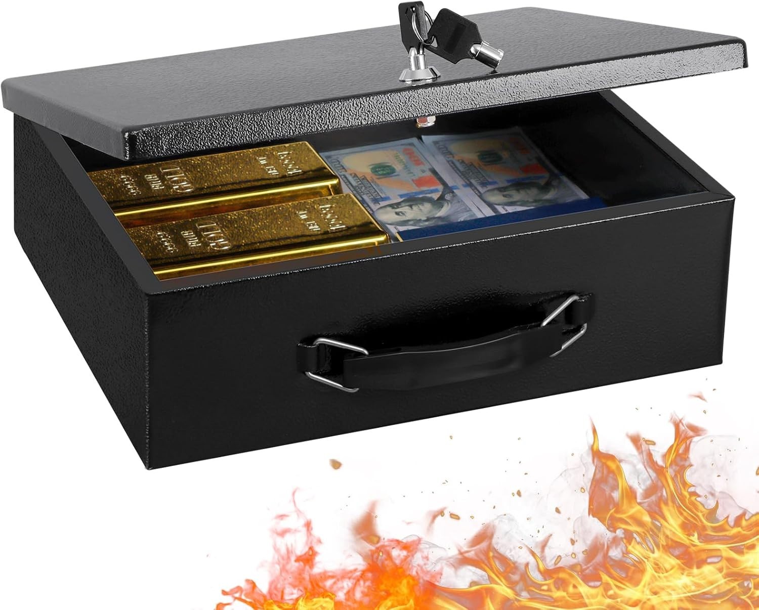 Fireproof Document Box with Key Lock, Large Safe Storage Box for Valuables, Fire