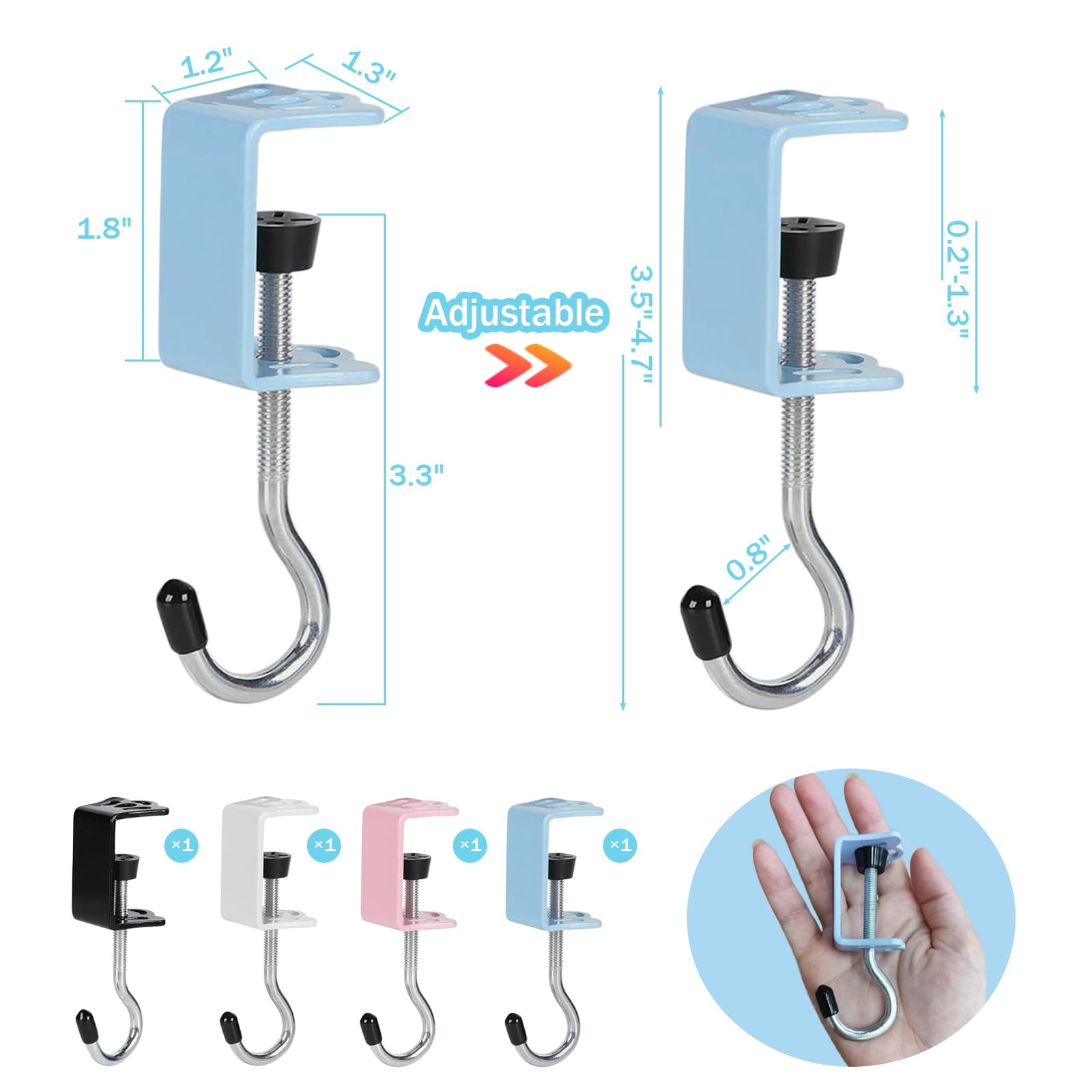 BAWEN 4 Pack Adjustable Purse Hooks for Table & Desk - 50lb Multicolor