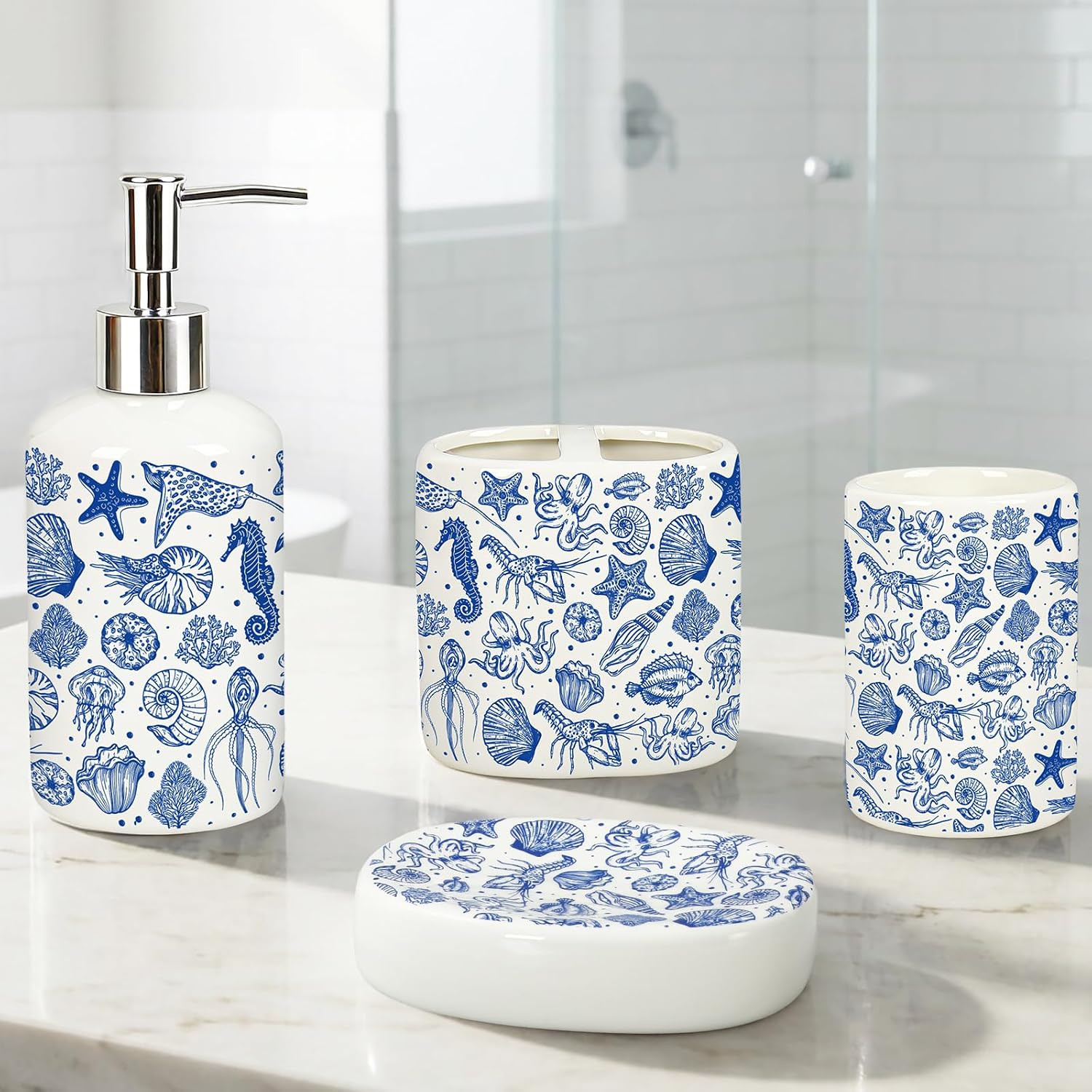 4Pcs Blue Beach Ceramic Bathroom Accessories Coastal Seashell
