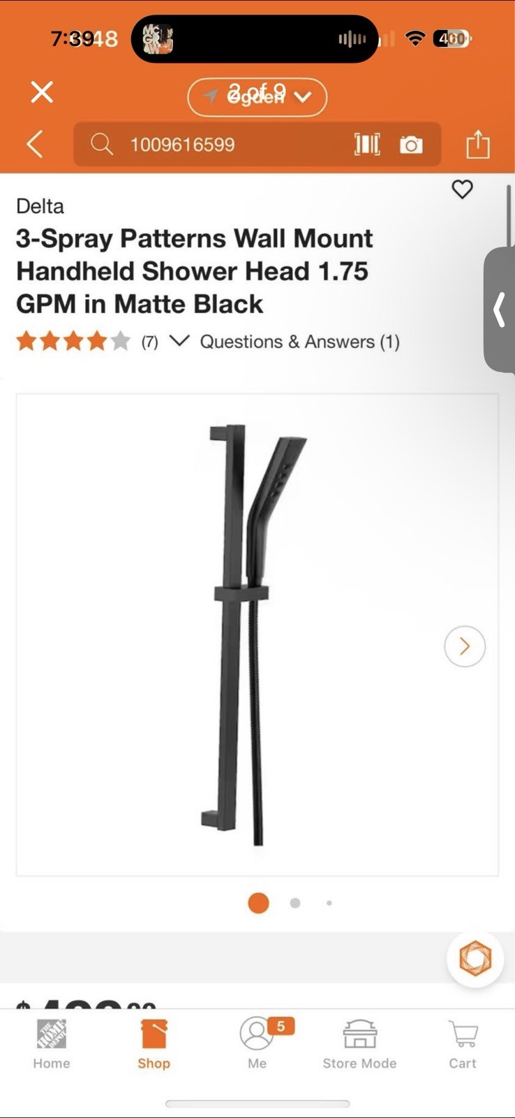 Delta 3 Spray Pattern Slide Bar Hand Shower