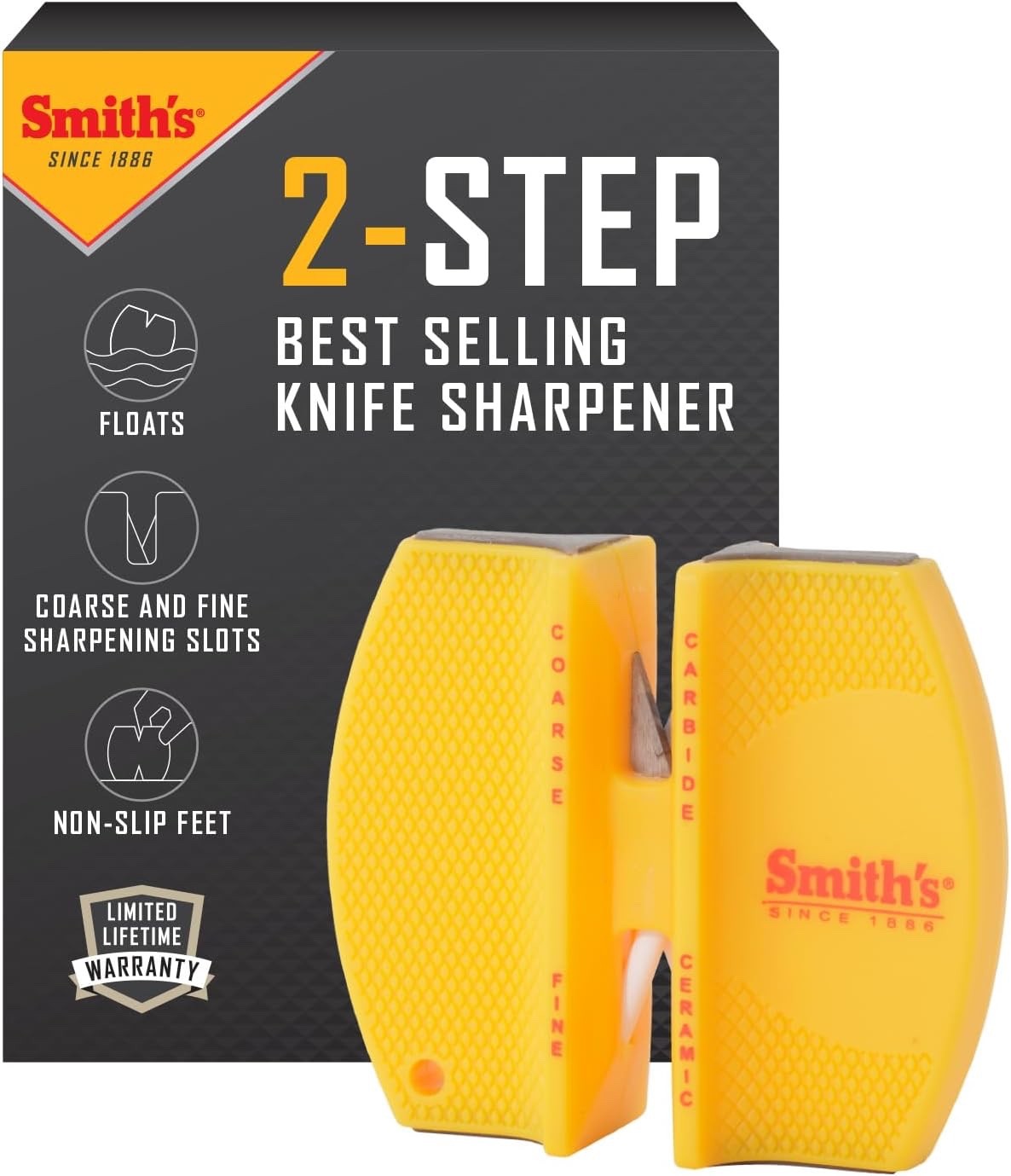 Smith's CCKS 2-Step Knife Sharpener - Yellow - Coarse & Fine Slots - Portable...