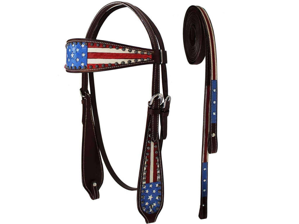 Tahoe Patriotic USA Flag Browband Leather Western Headstall with Reins