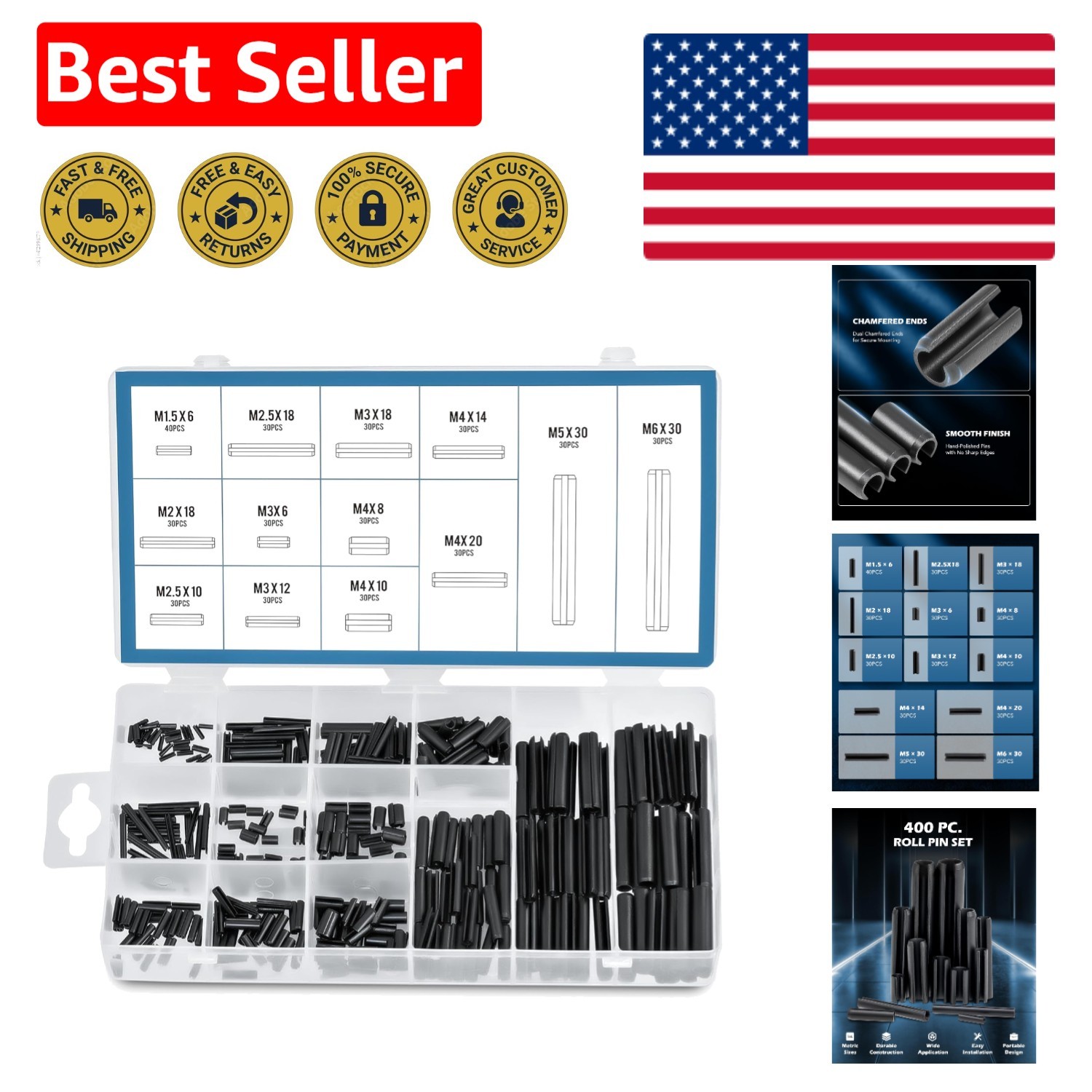 400-Piece Metric Spring Pin Hardware Kit with Black Oxide Finish for Durability