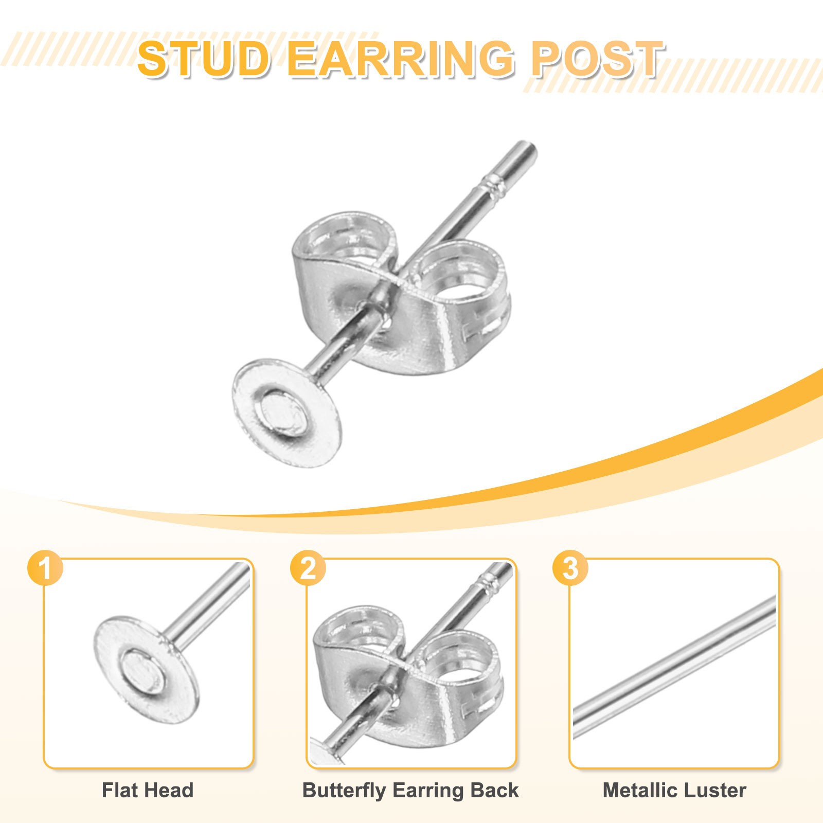 100Pcs Stud Earring Posts 3mm Ear Pin with Butterfly Earring Backs Silver