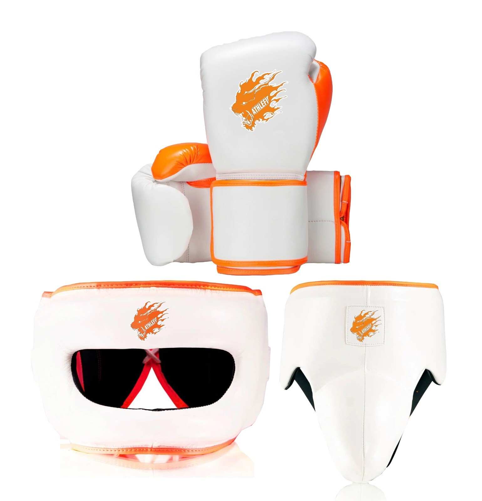 Athlefit custom made orange boxing gear set custom glove head gear & groin guard