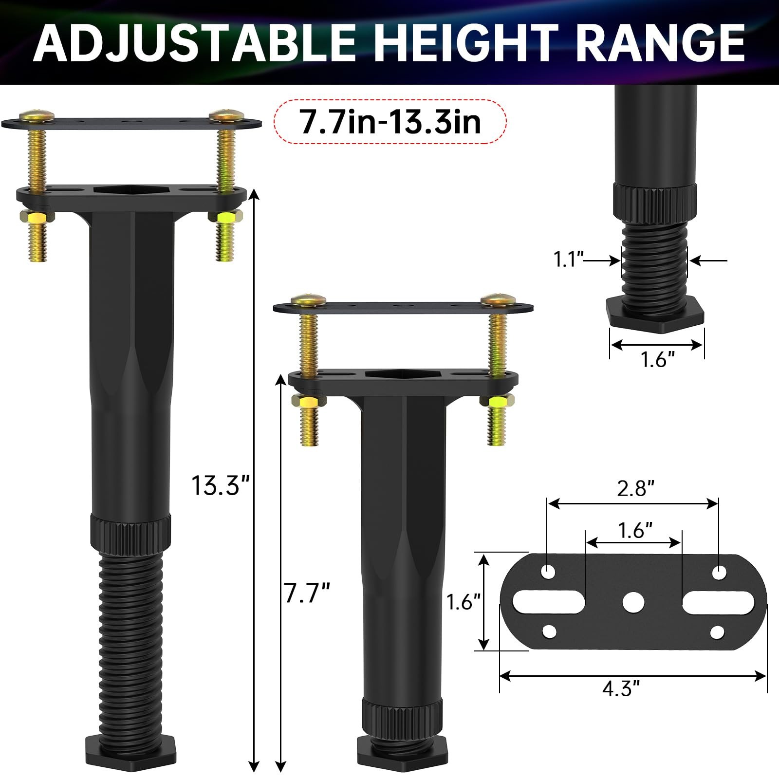 4 PCS Adjustable Height Center Support Leg for Bed Frame (7.7"-13.3"), Upgrad...