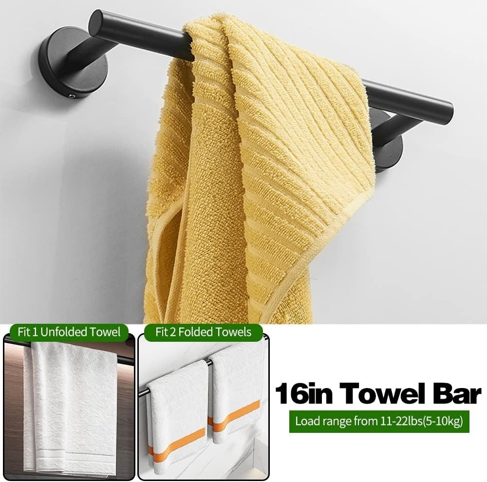 Bathroom Hardware Set, 5 Pc, 16" Black, Towel Bar Ring Holder, Robe Hooks