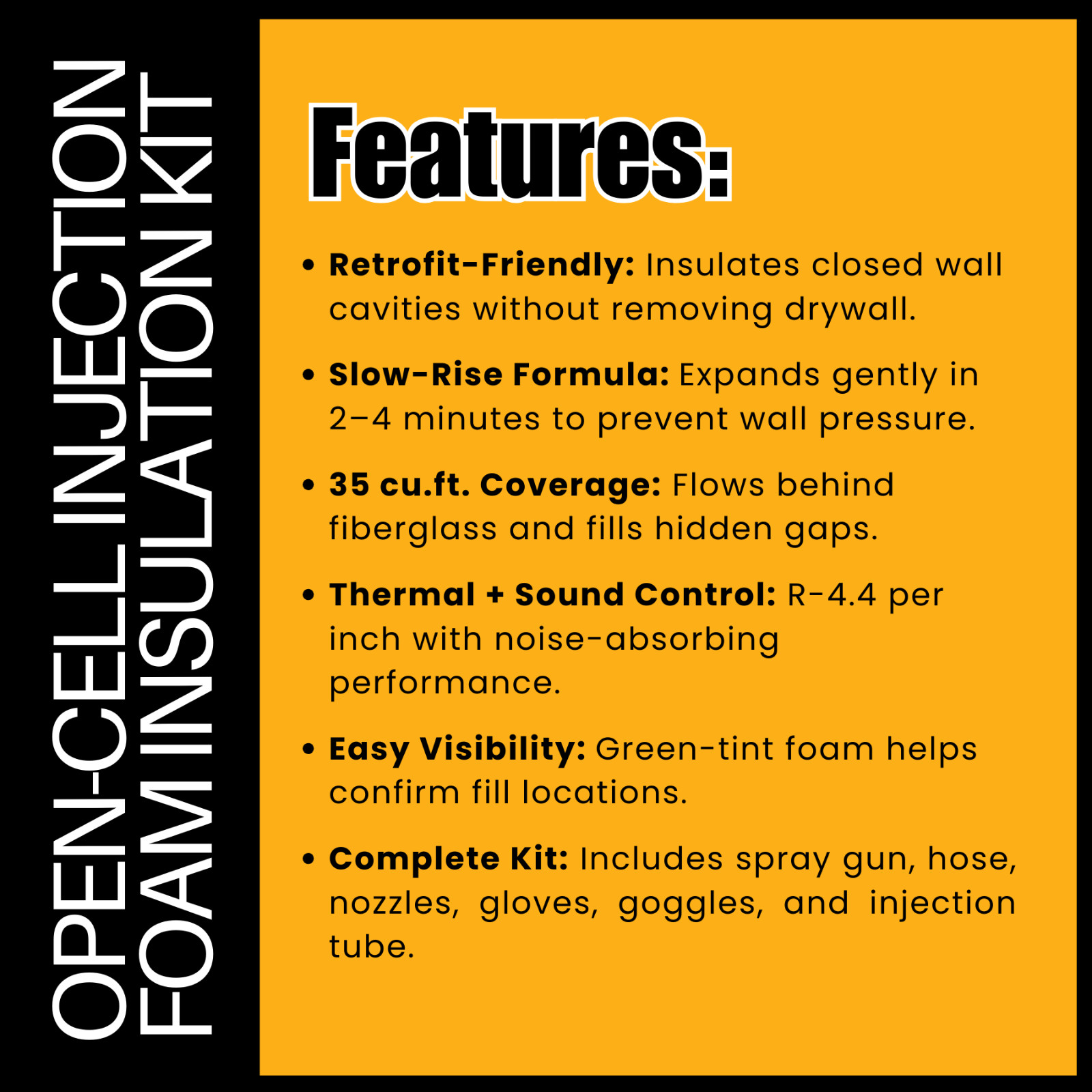 Open Cell Injection Spray Foam Kit – 35 cu.ft. Slow Rise Wall Cavity Insulation