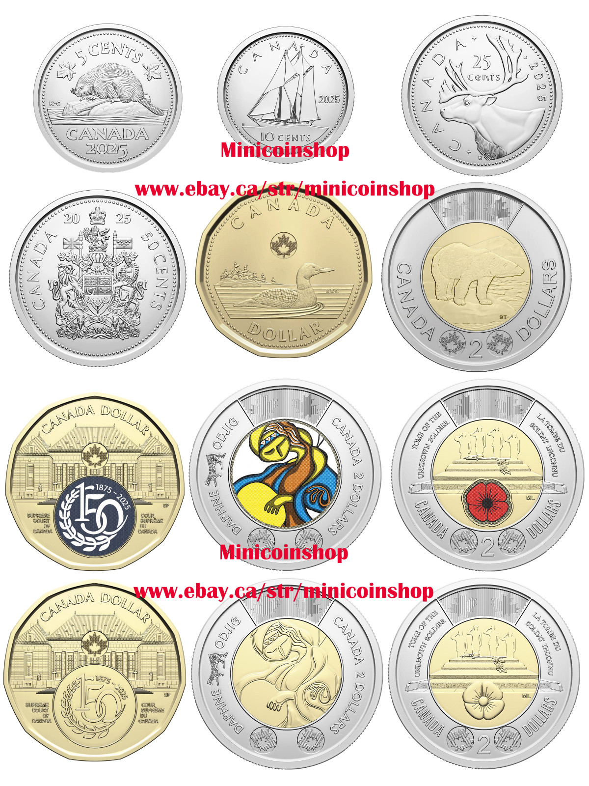 Canada 2025 $2 $1 50C 25C 10C 5C Color & Regular Complete Set