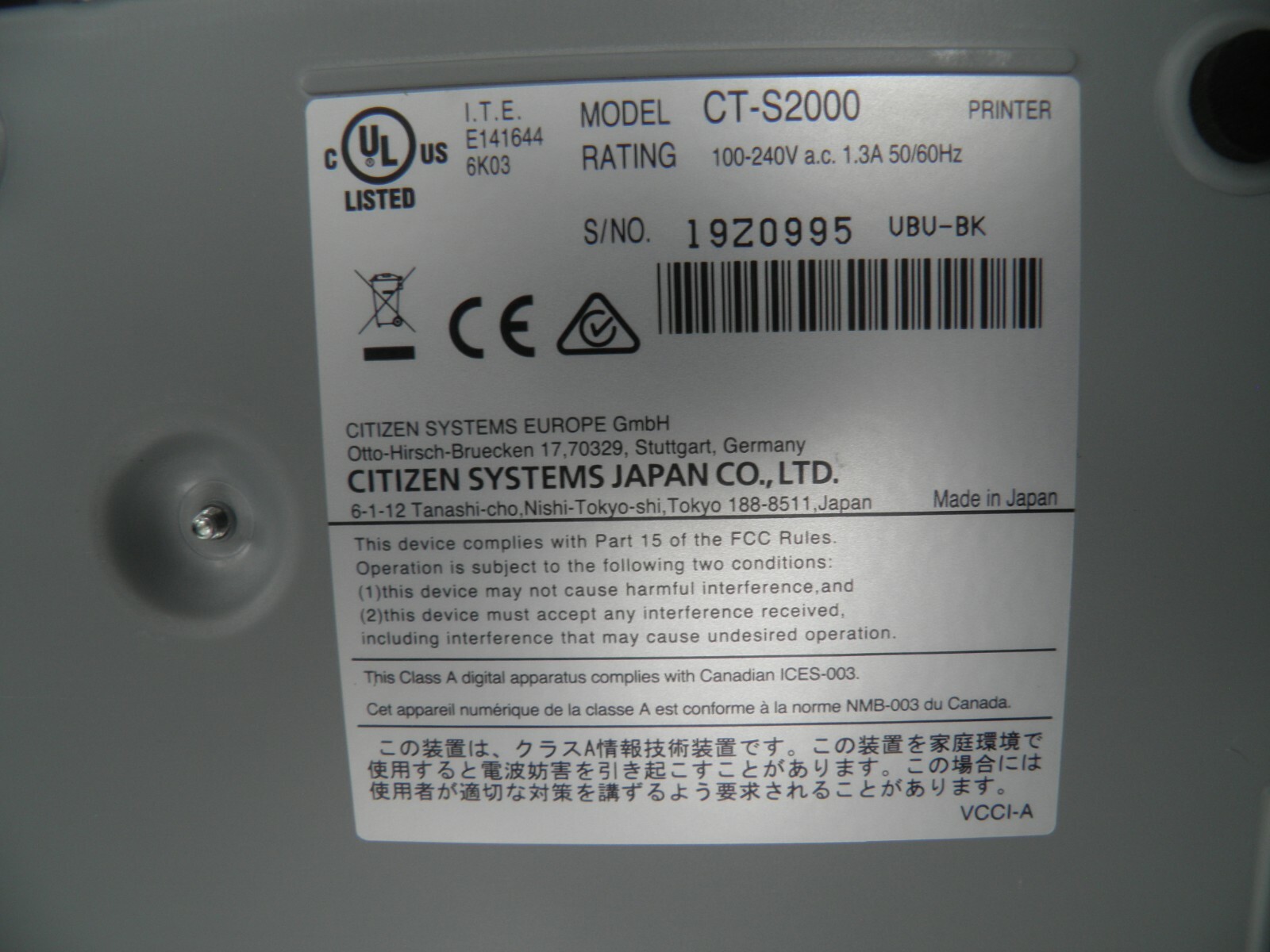 Citizen Citizen CT-S2000 Thermal POS Receipt Printer with Power Cord USB