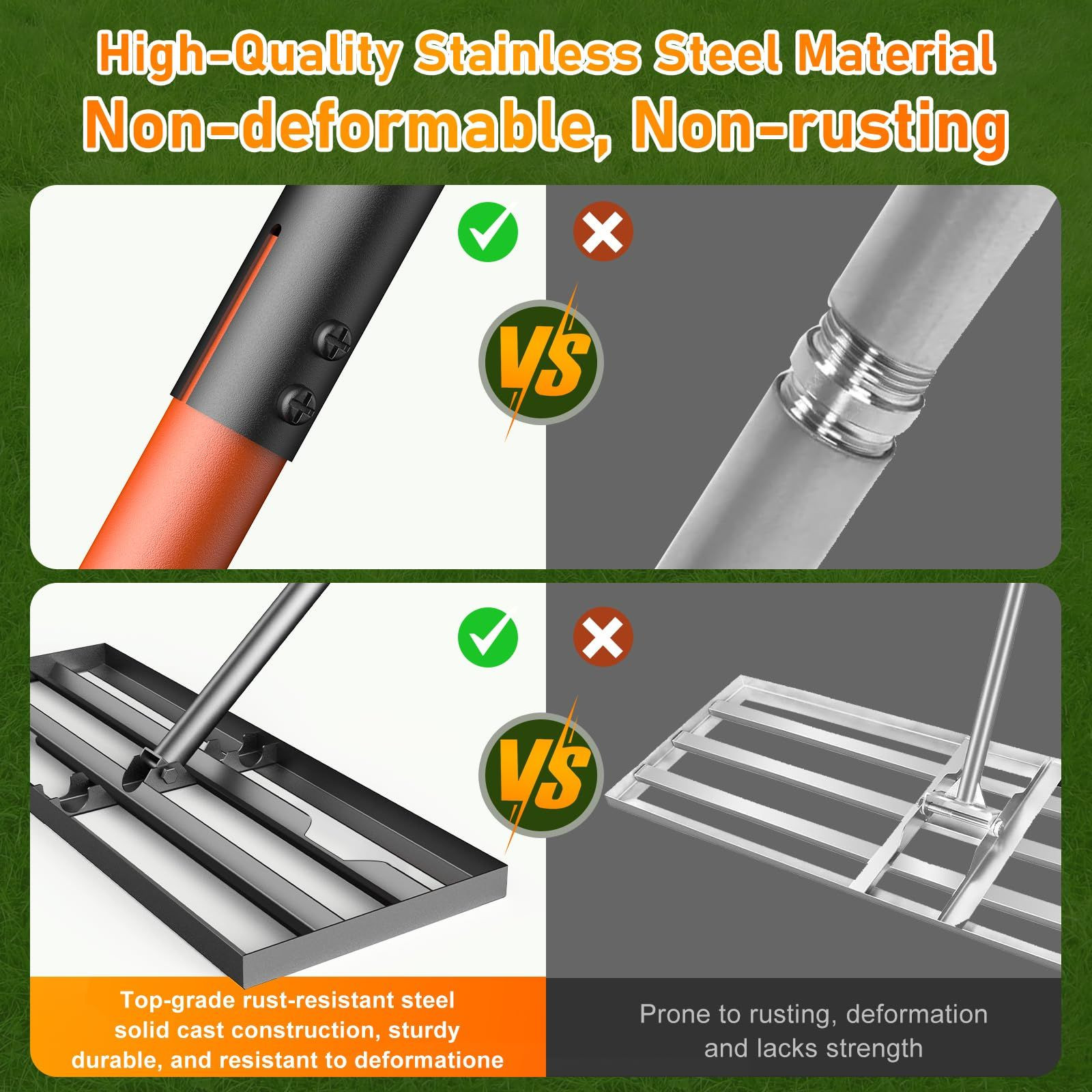 Lawn Leveling Rake, 30"x10" Rake with 78 Inch Adjustable Orange