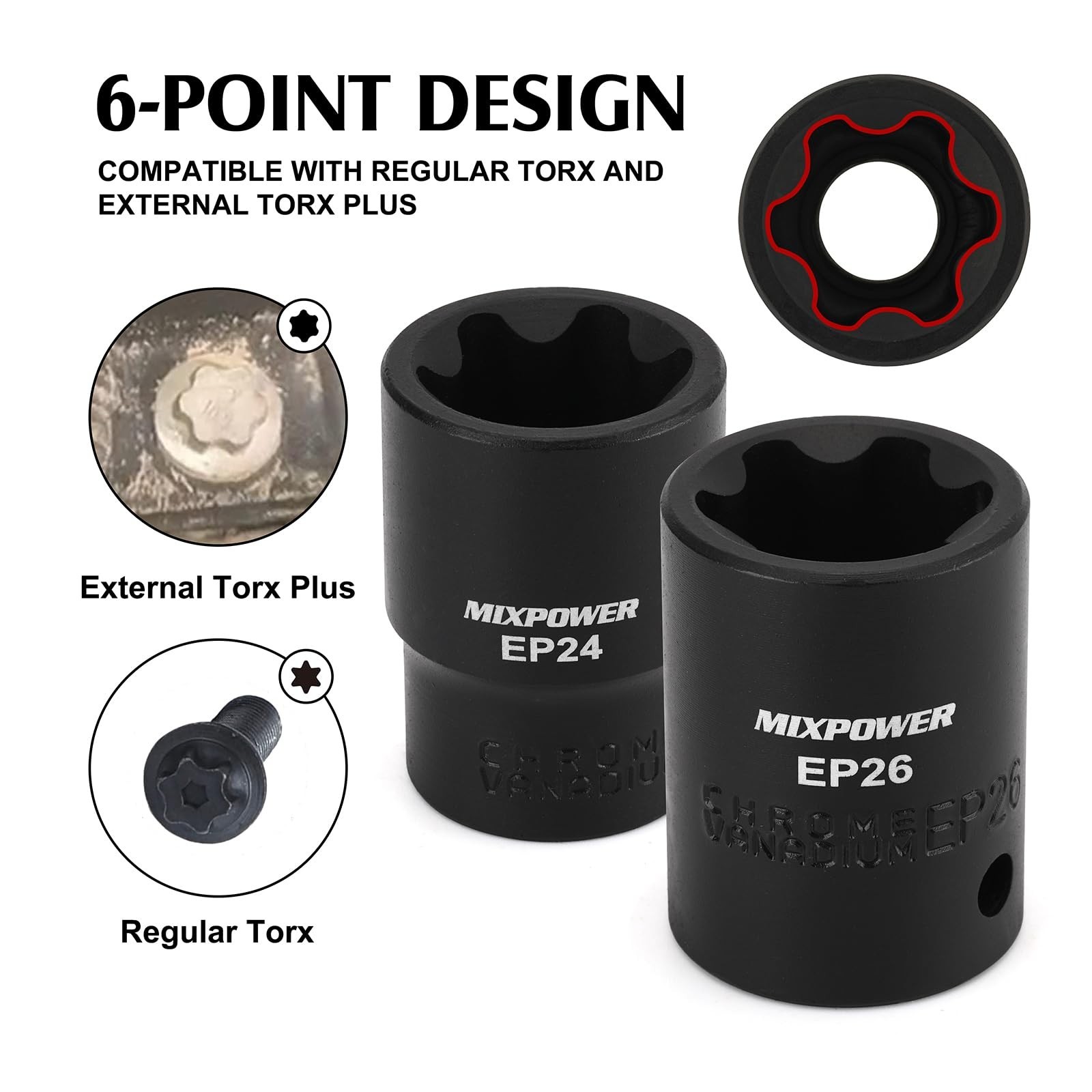 19PC External Torx Plus Socket Set, 6 Point EP Sockets for Tesla EP4-EP32, 1/2''