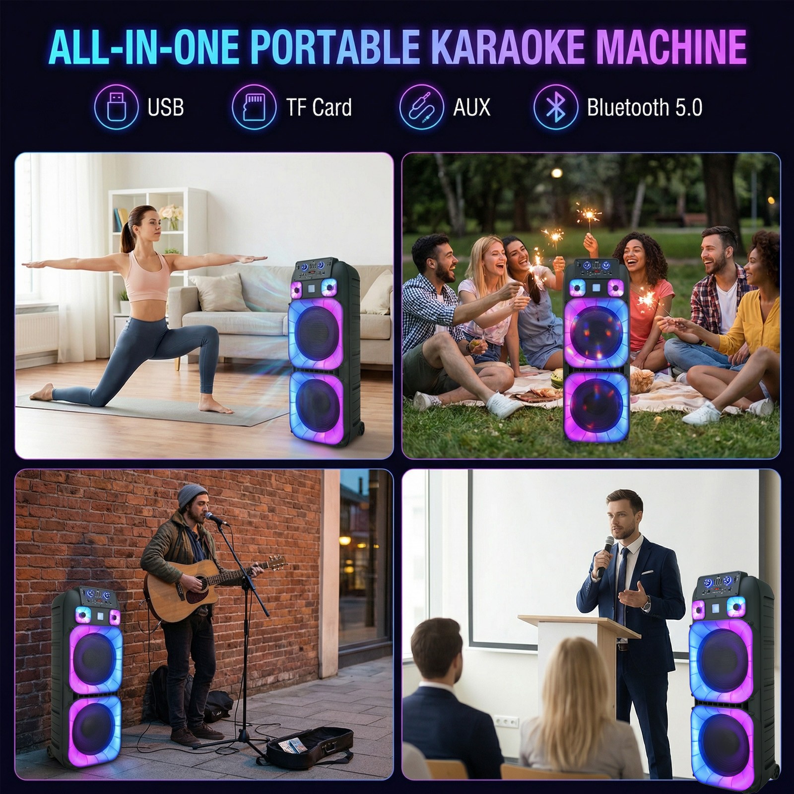 Dual 15" Massive Speaker Wireless Mic TWS PA System Party Speaker LED Lights USB