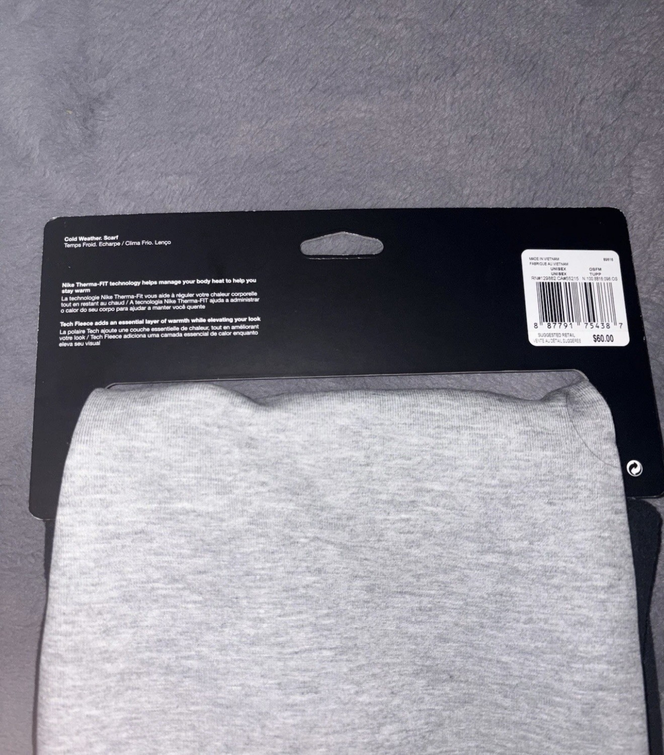 Nike Unisex Therma-Fit Tech Fleece Winter Scarf Cold Weather Gray / Black OS