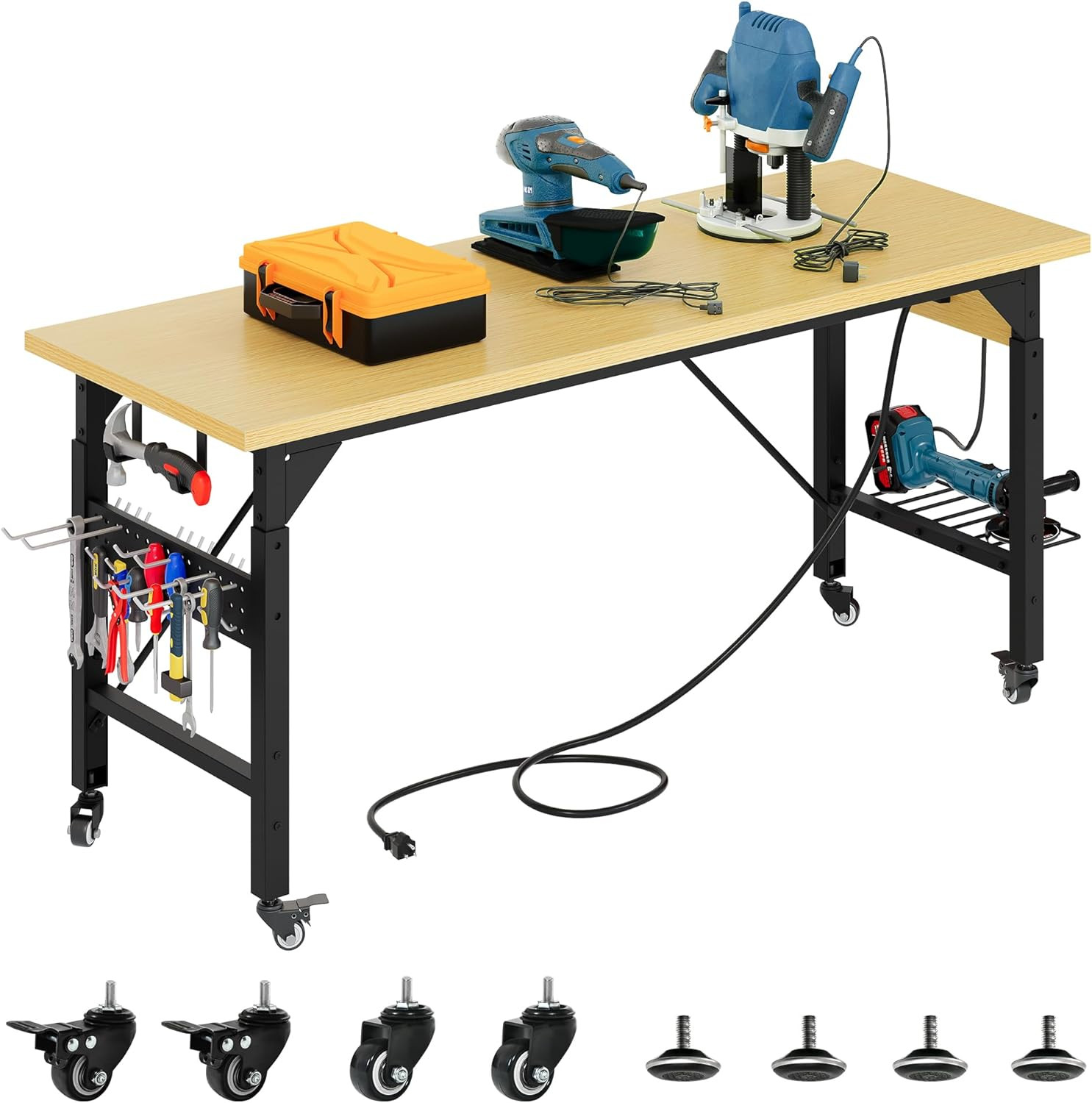 Heavy-Duty 60" Adjustable Workbench with Wheels & Built-In AC/USB Outlets