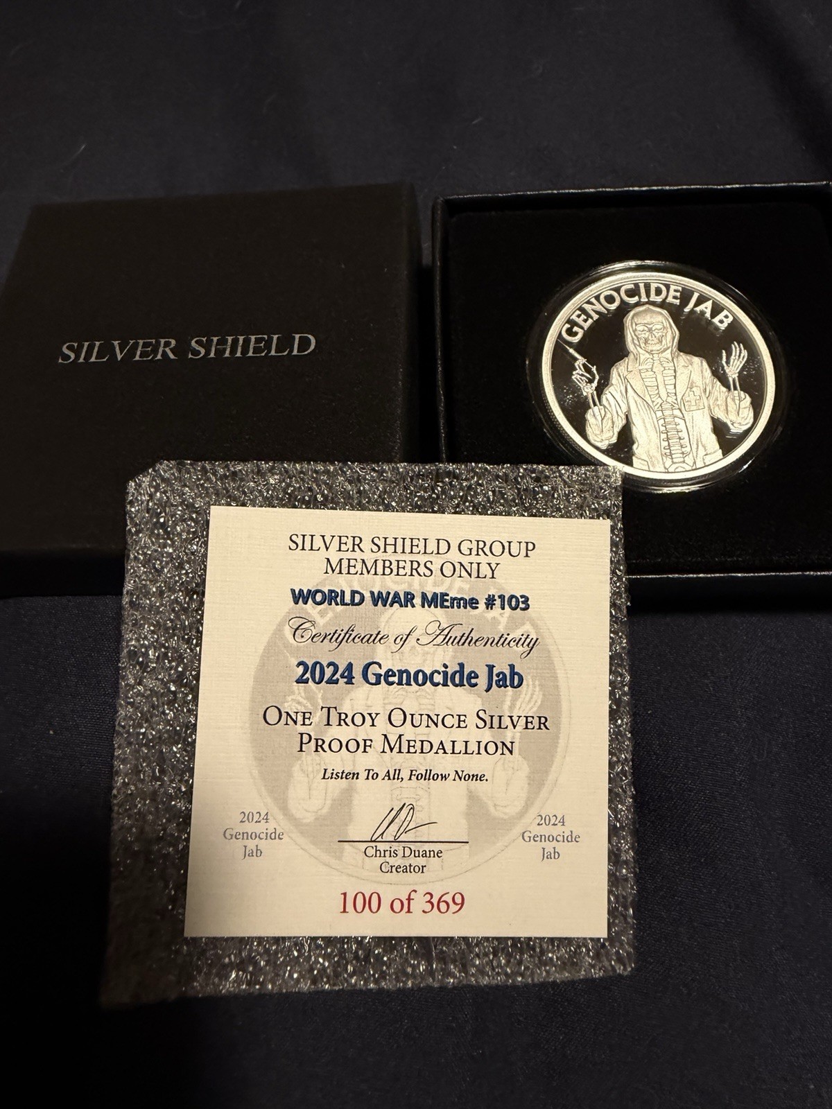 Silver Shield Proof 2024 Genocide Jab World War Meme Ultra Low COA 100