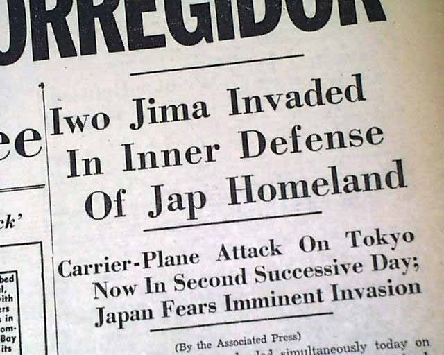 BATTLE OF IWO JIMA Japan Begins w/ U.S. Marines Landing WWII 1945 Old Newspaper