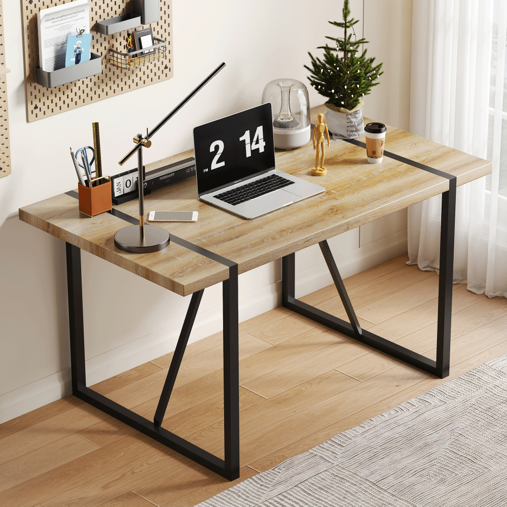 Rectangular dining table with a 1.5-inch thick wooden tabletop and metal legs