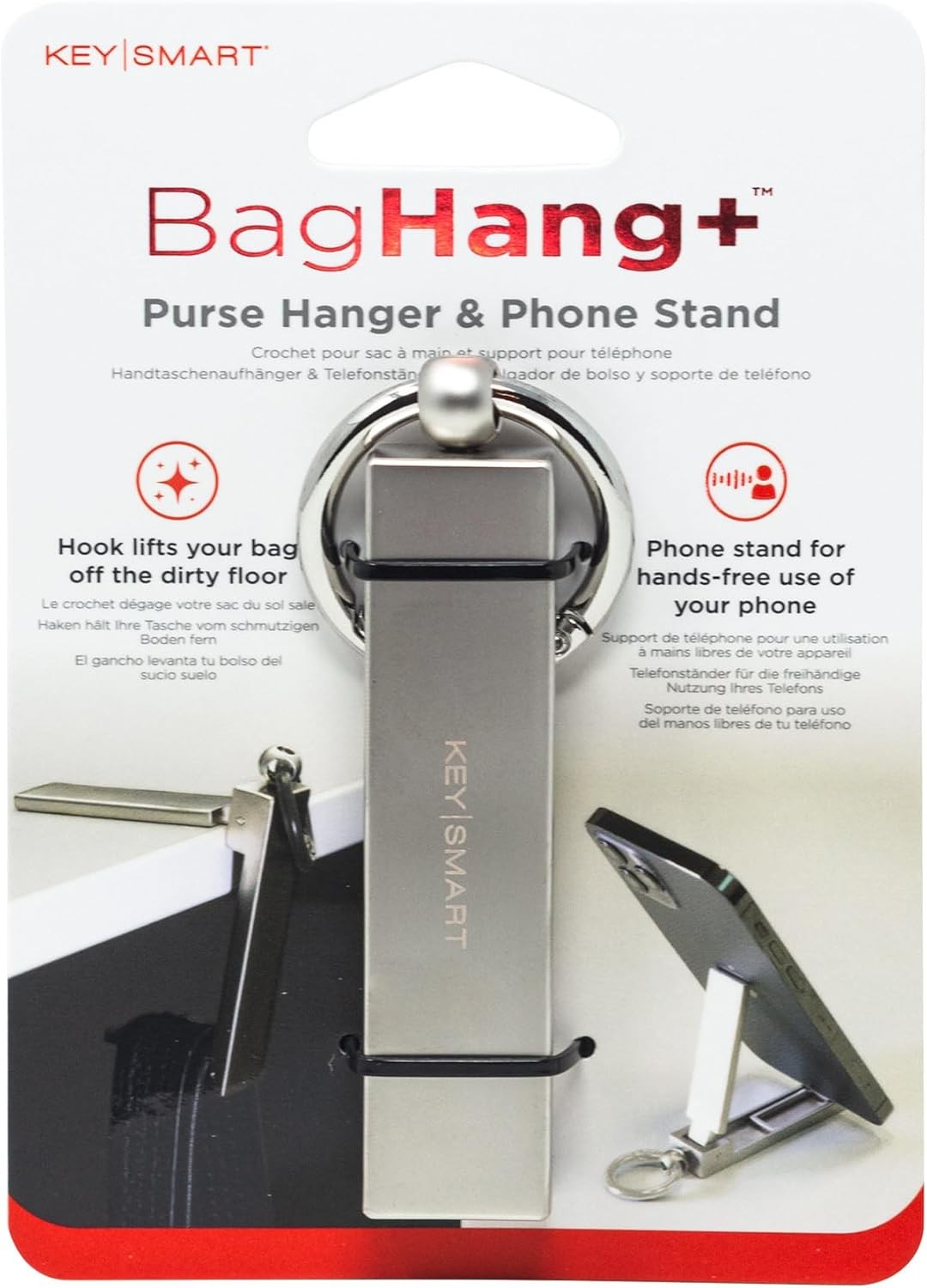 KEY SMART BagHang Plus - 2-in-1 Purse Hook for Table & Phone Stand - Silver