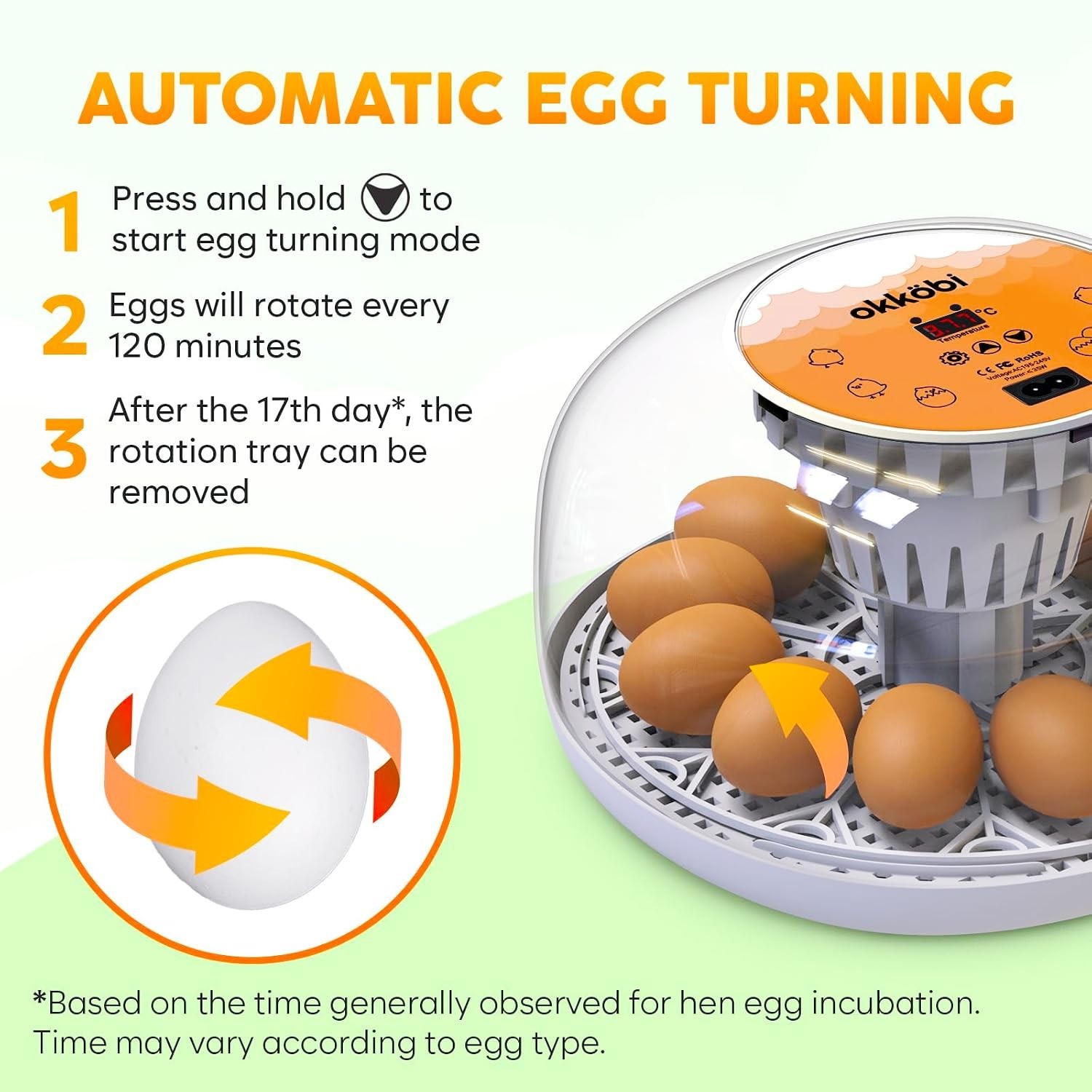 Okkobi M12 Automatic Egg Incubator with Humidity Control - 12/24 Eggs Capacity