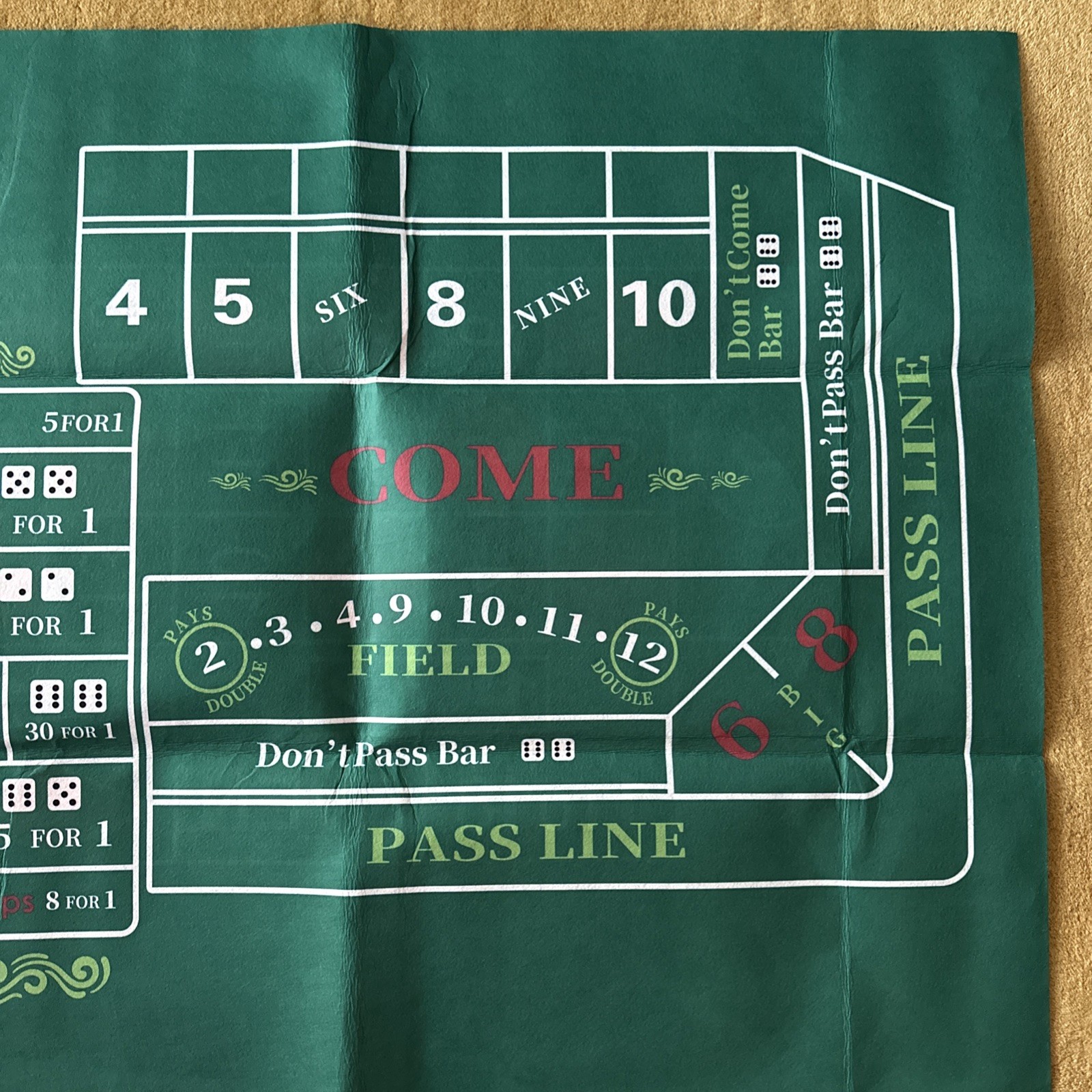 Large Craps & Roulette Table Top Felt Double Sided 70” X 35”