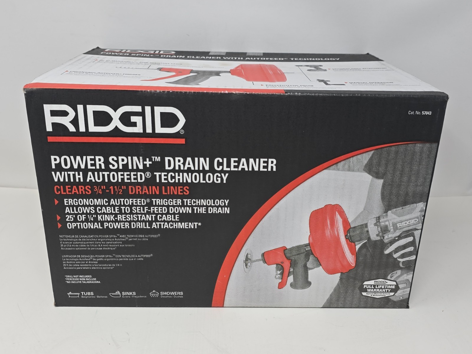 RIDGID Power Spin+ Drain Cleaner w/ Autofeed 57043 for ¾" - 1½" Drain Lines, NEW