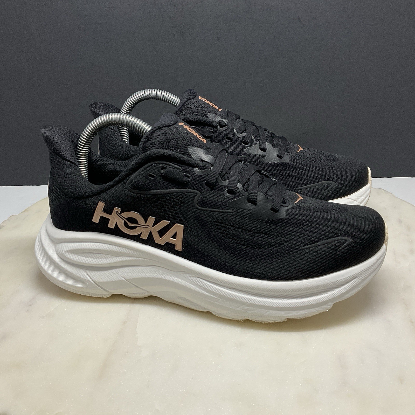 Hoka One One Clifton 10 Running Shoes Womens Size 8B Black Rose Gold Sneakers