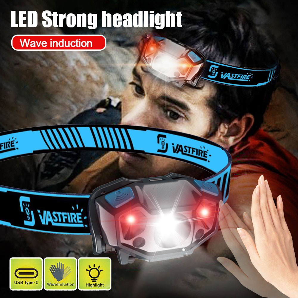 Mini LED Wave Sensor Headlamp Head Torch Red Light USB Rechargeable Work Lamp US