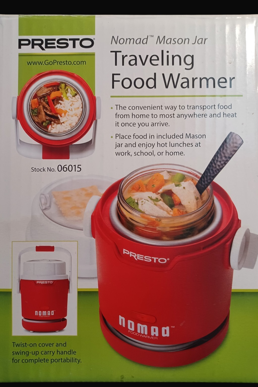 Presto Nomad Mason Jar Food Warmer 06015 Red Portable Lunch Heater New Open Box