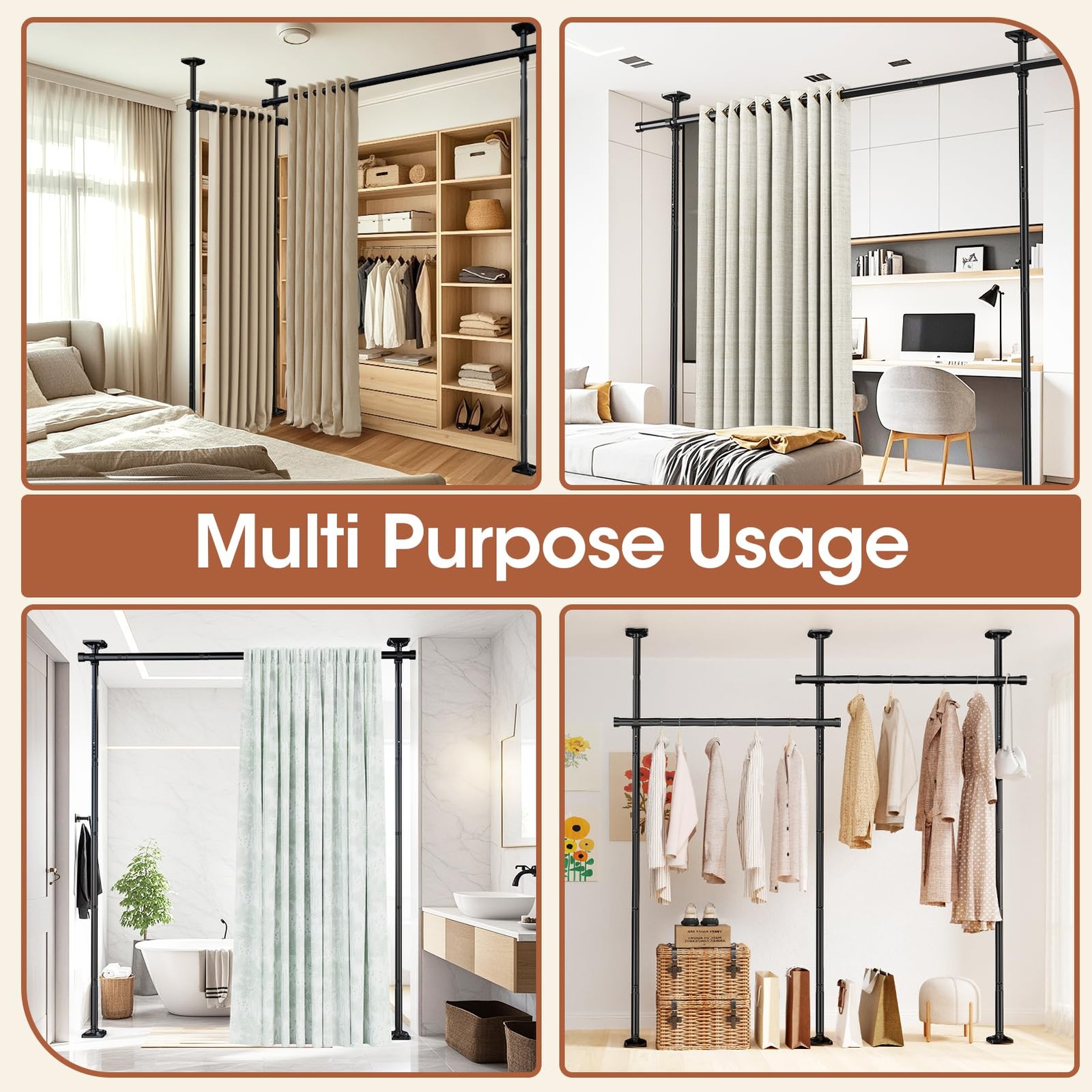SUNALLY Room Divider Adjustable Height: 4FT to 10FT, Width: 28" 70", Black