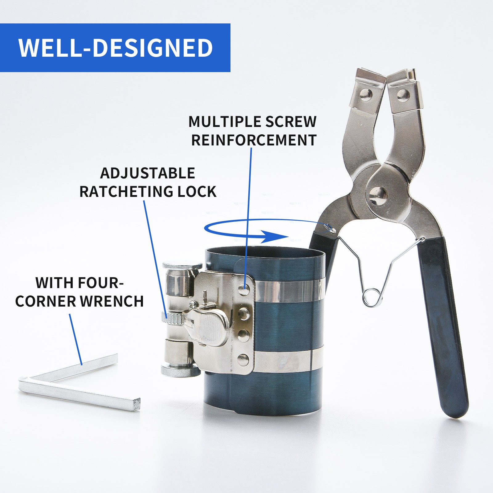 Compact Piston Ring Compressor Tool Set with Pliers & Wrench for Engine Overhaul