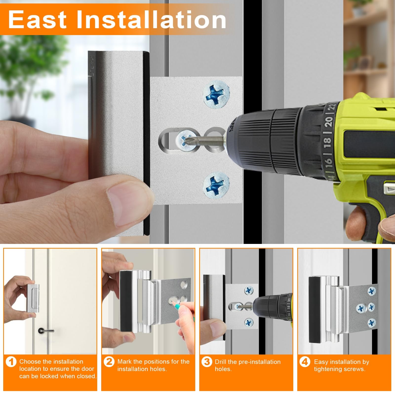 Home Security Door Reinforcement Lock, Upgraded Front 2 Pack, Silver