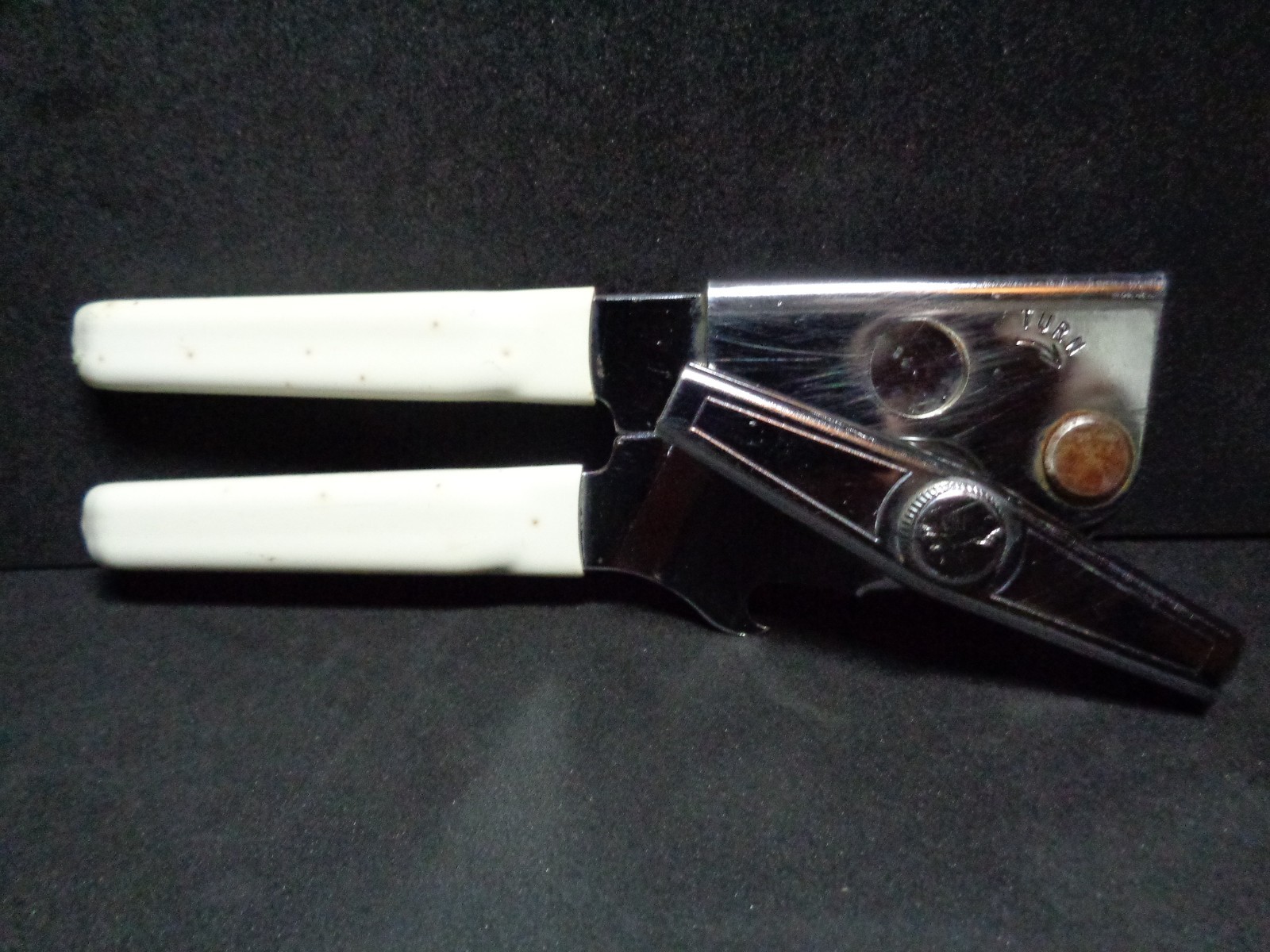 Vintage Swing Away Can Opener Bottle Opener white Grips Manual 7" USA