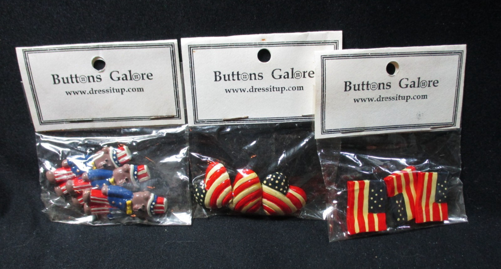 Lot of 3 Buttons Galore Shank Button Packs - Patriotic - Flags/Heart Flags/Bears