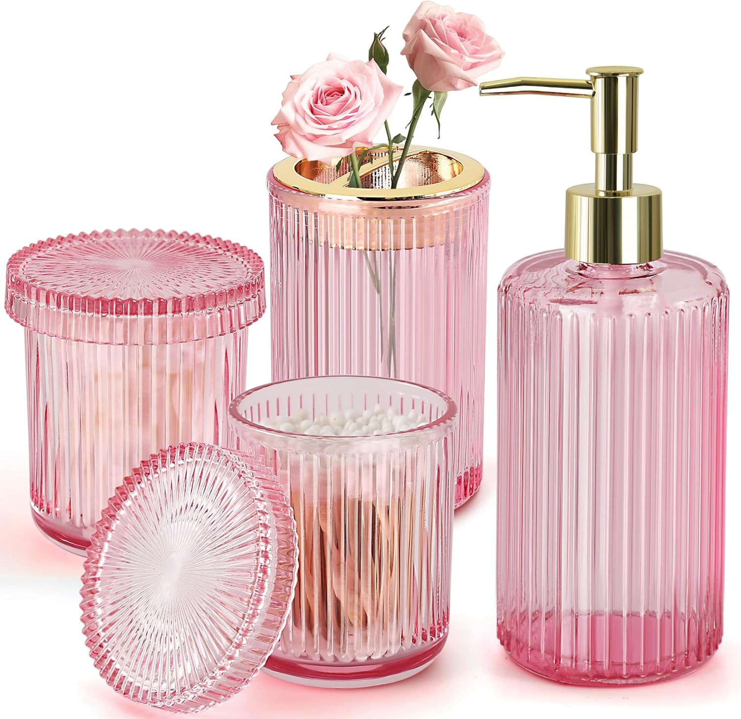 Pink Bathroom Accessories Set, Pink Bathroom Decor Accessory Sets Complete, 4 Pa