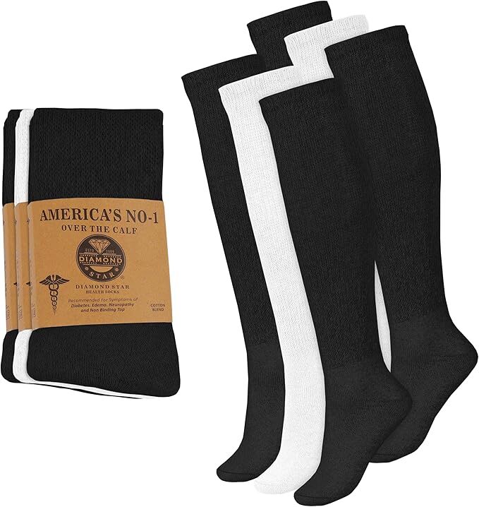 6 Pair Diabetic Men Over The Calf  Knee High Cotton Crew Socks MULTI