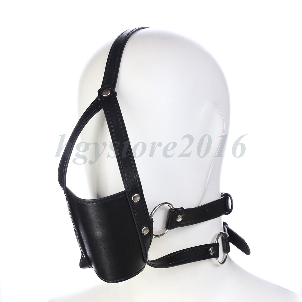 Faux Leather Head Hood Open Mouth Gags Muzzle Strap Half Face Restraint