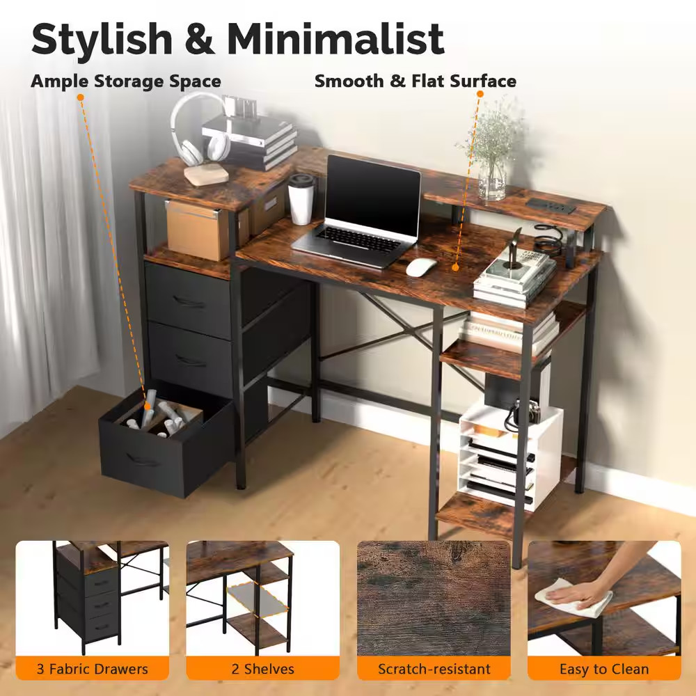 47.2 in Rectangle Computer Brown Wood 3-Drawer Computer Desk with Storage, Shelv