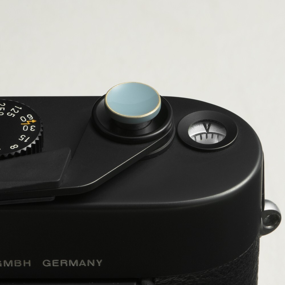 CAMERA SOFT SHUTTER RELEASE BUTTON 10mm GLOSSY BLUE GRAY W/ BRASS / SRB-GBG-L