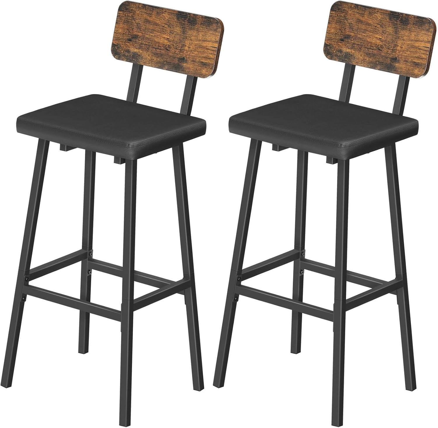 Black Bar Stools Set of 2 PU Upholstered Tall Bar Stools Kitchen Breakfast