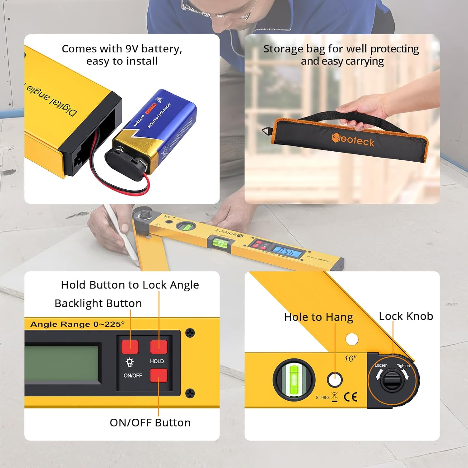 225° 16 Inch Digital Angle Finder Aluminum Protractor with LCD Backlight Digital