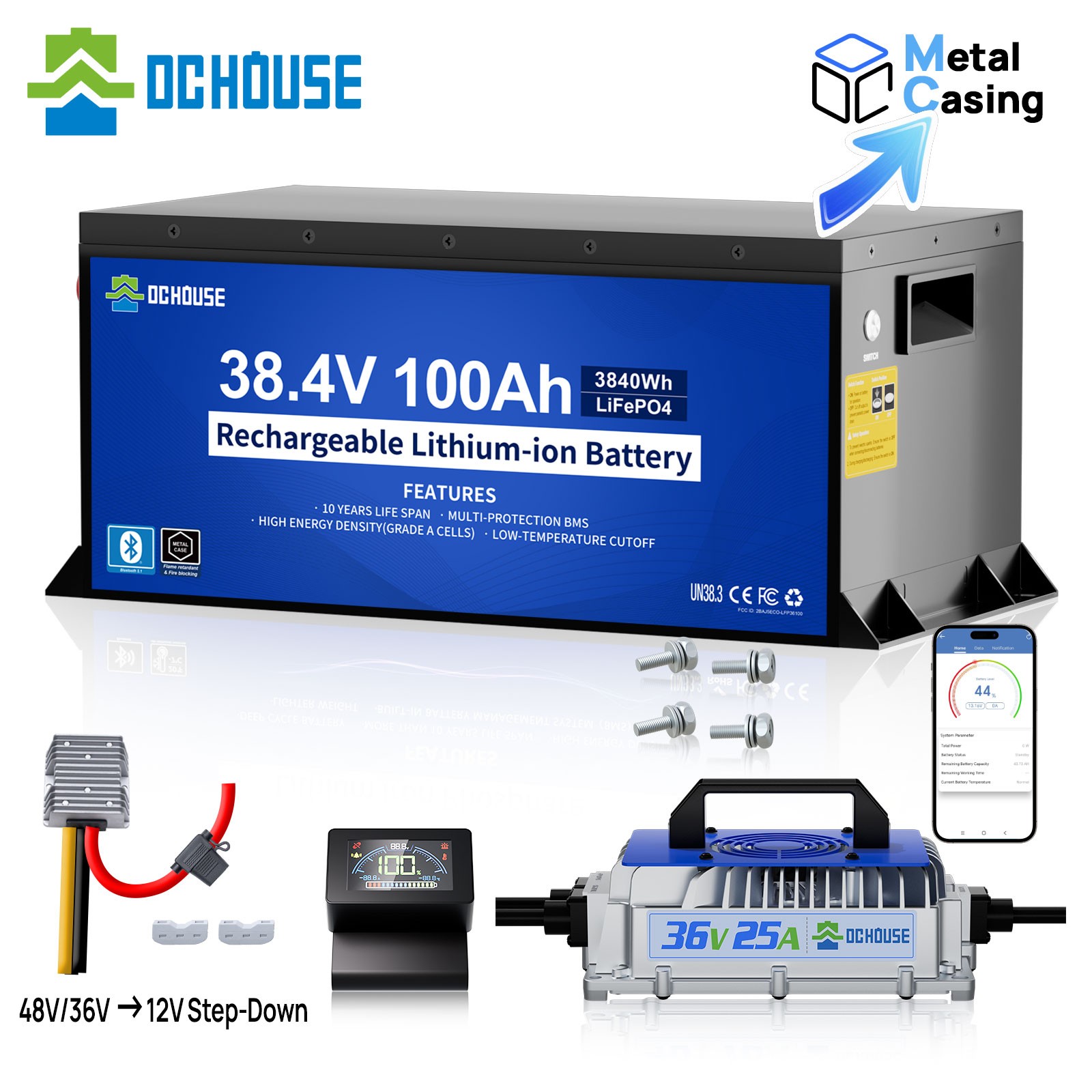DC HOUSE 36V 100Ah Lifepo4  Lithium Golf Cart Battery with 25A Charger Bluetooth