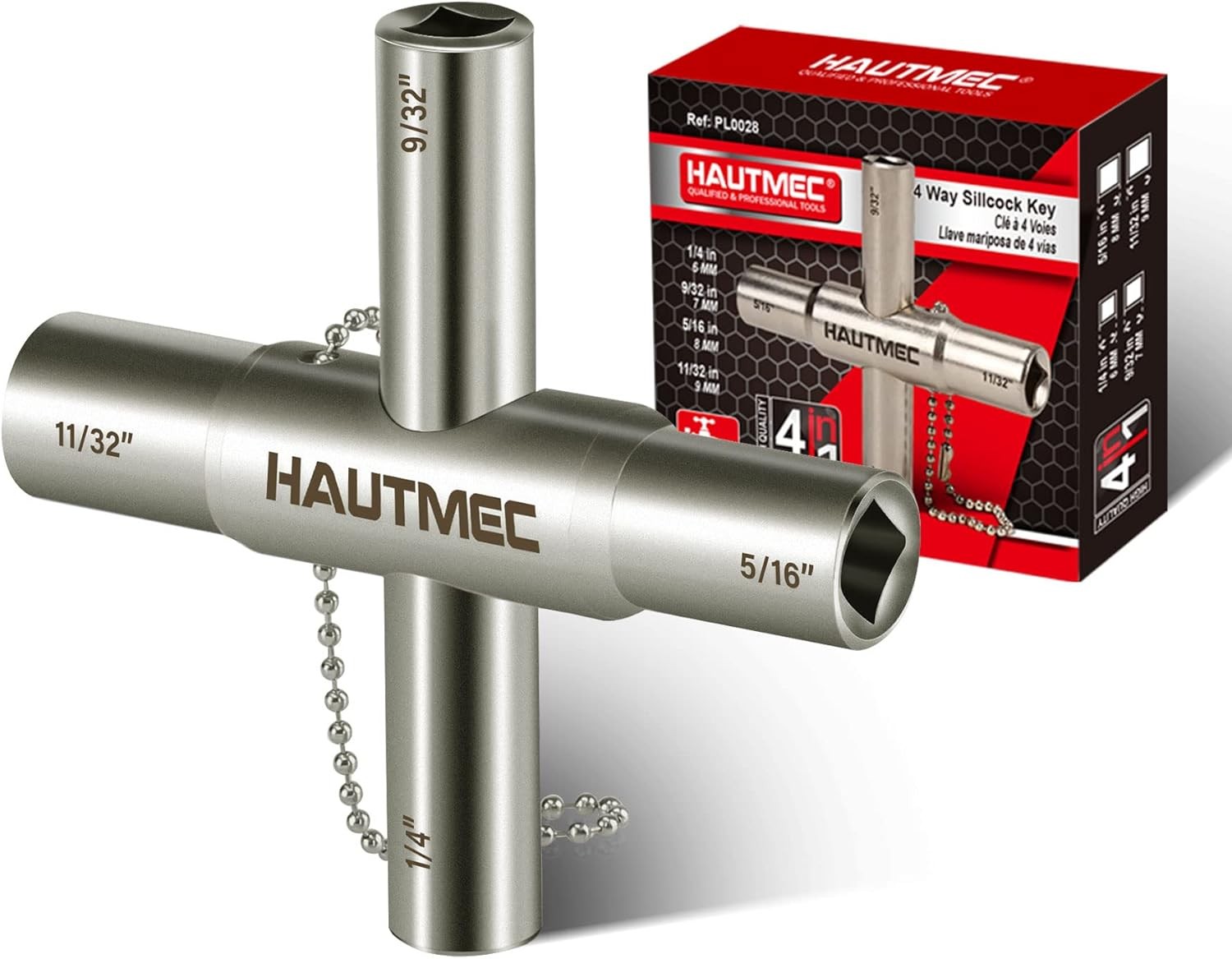 HAUTMEC 4 Way Sillcock Water Key，1/4", 9/32", 5/16", 11/32" 1 Pack, Silver