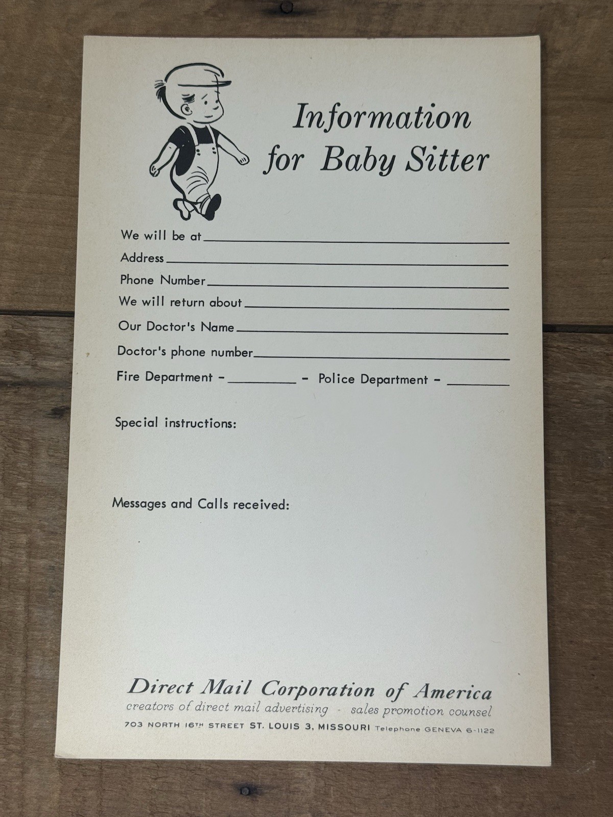 Vintage Notepad "Information for Baby Sitter" Information Sheet Checklist 25 pgs