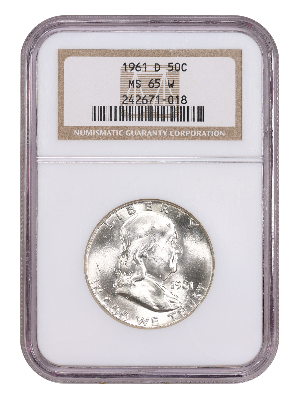 1961-D Franklin Silver Half Dollar 50c NGC MS65W BRILLIANT WHITE GEM Rare Coin